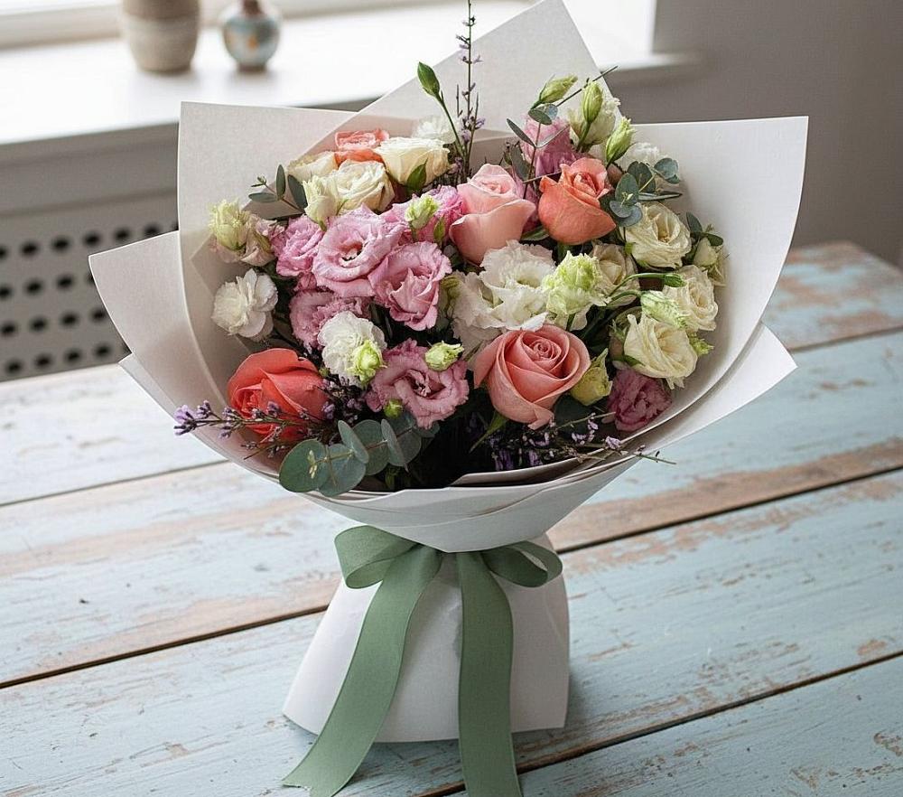 Букет цветов из: Розы, Лизиантусы и Гвоздики в Первомайском Забайкальского края