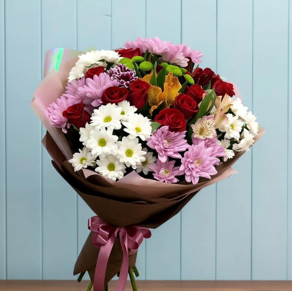 Букет цветов из: Розы, Хризантемы и Альстромерии в Первомайском Забайкальского края